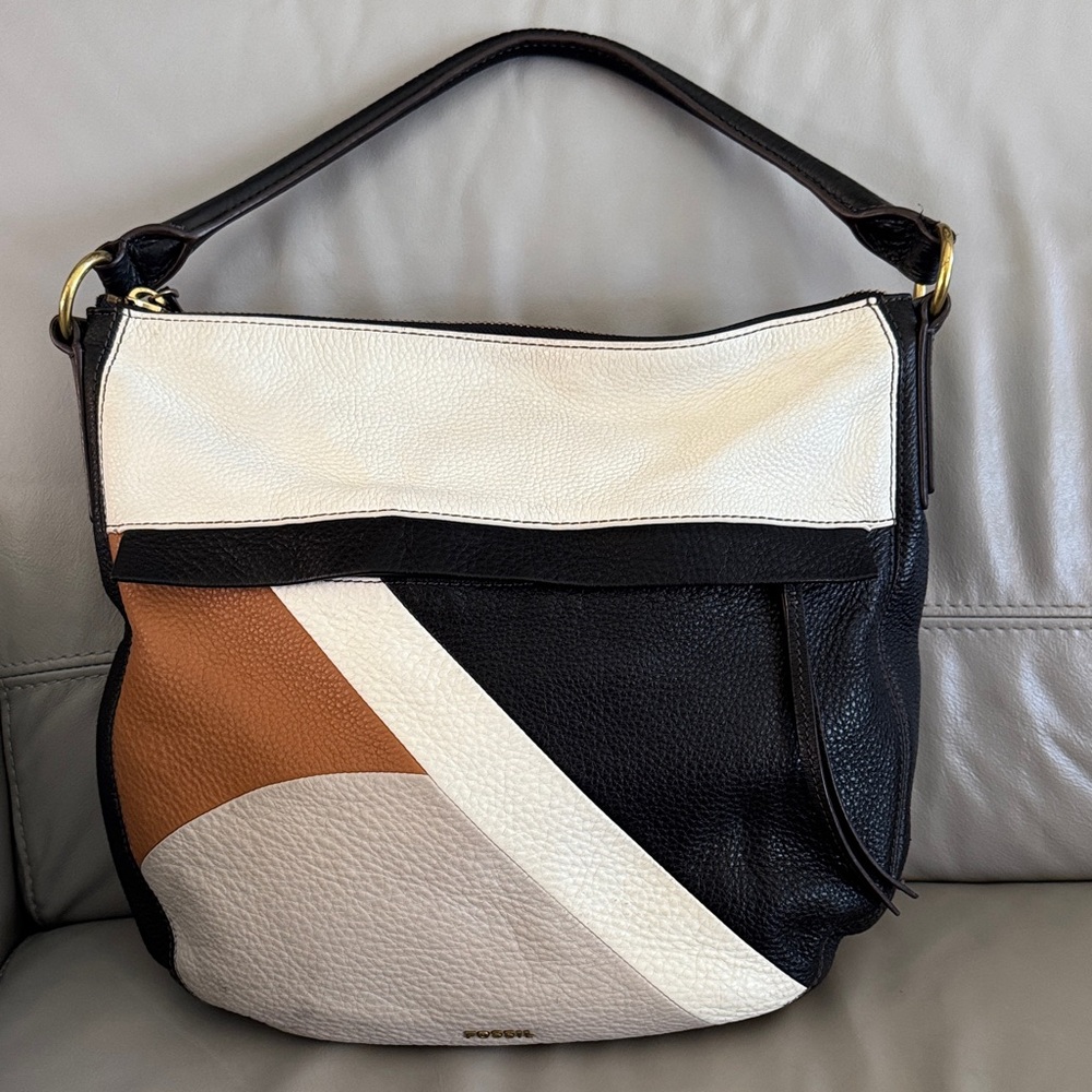 Fossil Black White Tan Leather Shoulder Bag